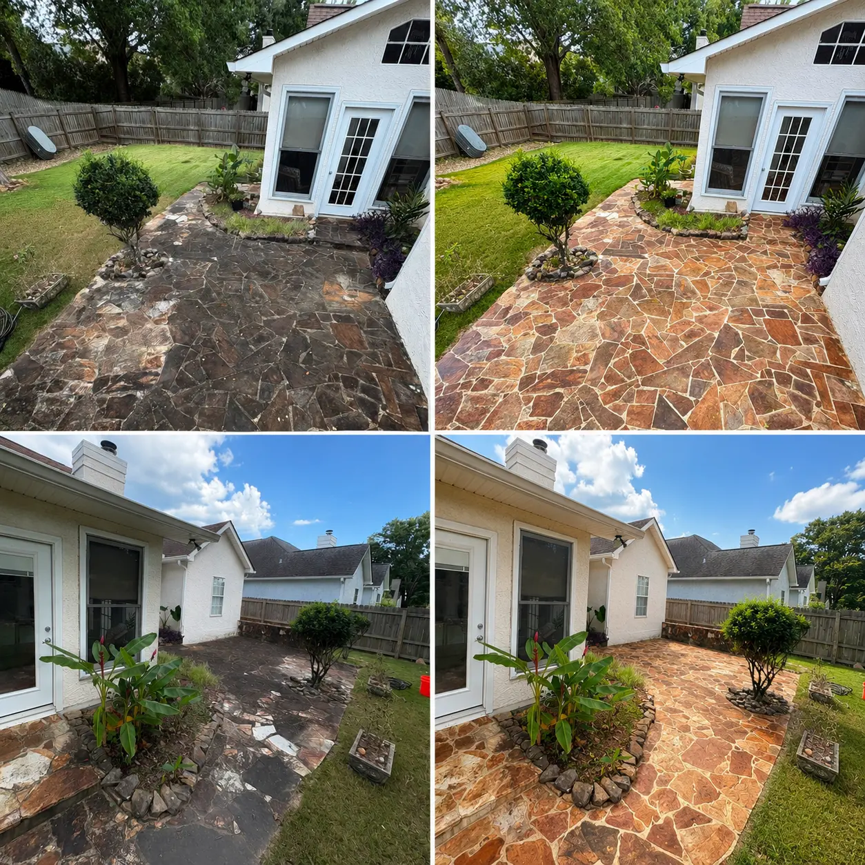 Flagstone patio before and after cleaning, showing restored stone color