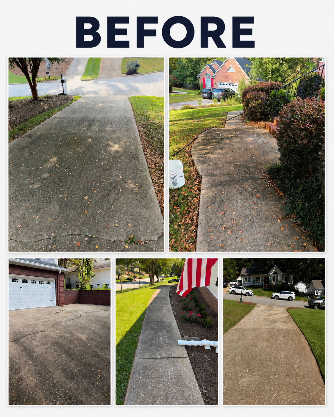 Dirty concrete driveways and sidewalks in Auburn before pressure washing